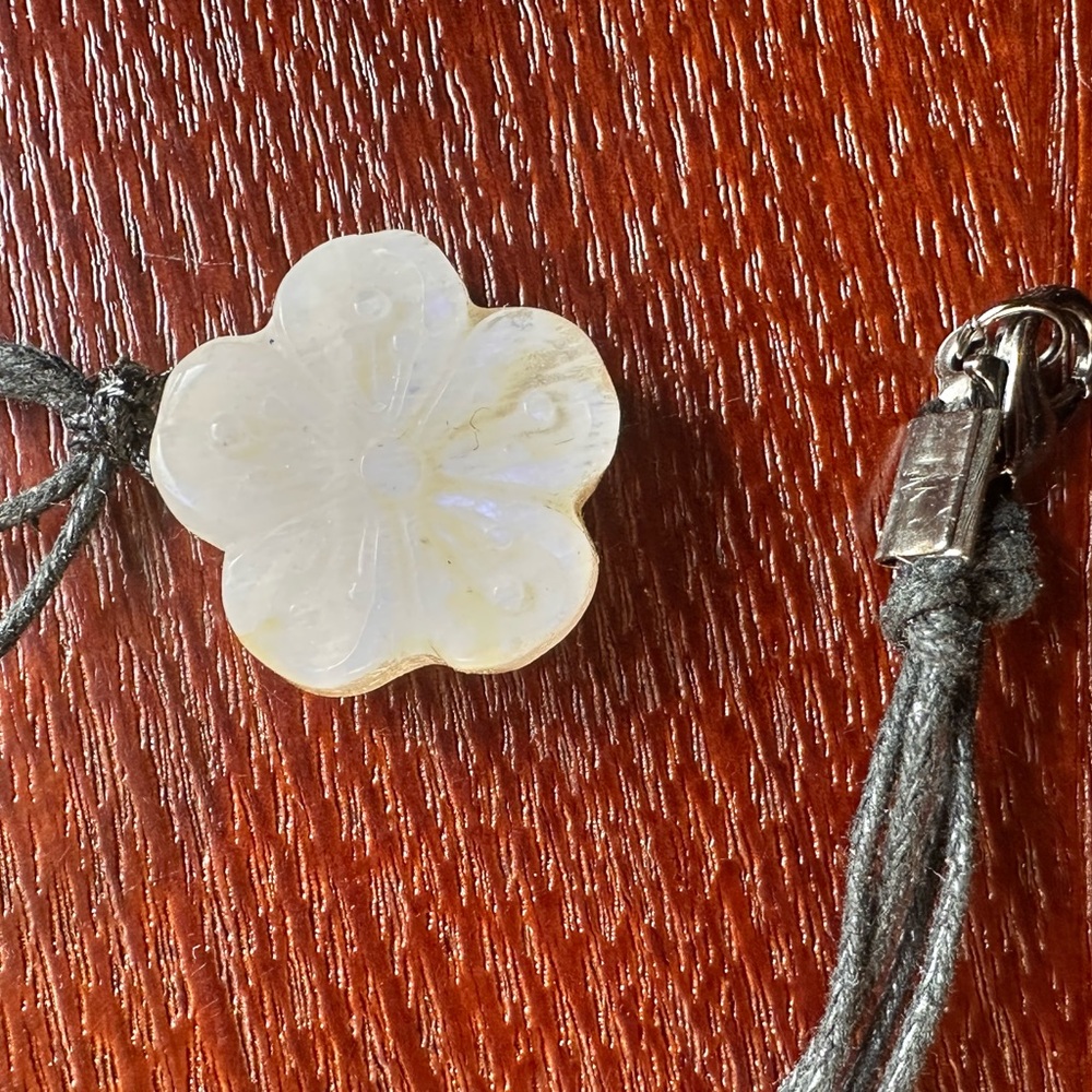 Small Moonstone Flower Pendant Necklace on Black Rope, Subtle Blue Flash - Picture 6 of 15